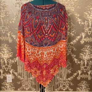 Chicos Colorful Poncho with Beaded Fringe